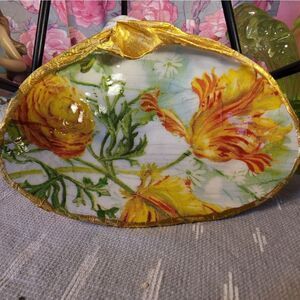 DECOUPAGE CLAM SHELL DECOUPAGE FLOWERS TRINKET DISH